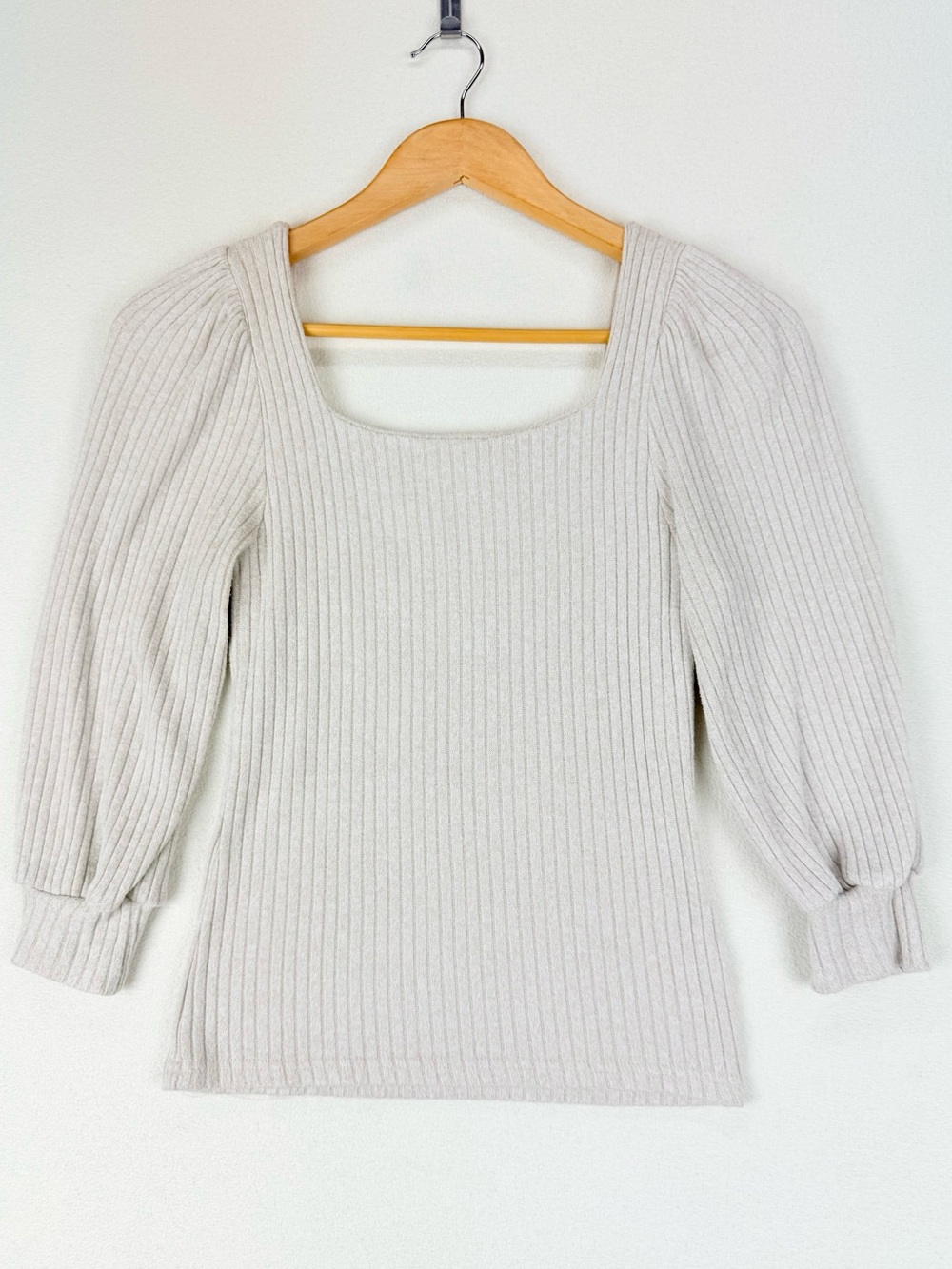 Square Neck 3/4 Puff Sleeve Top Ribbed Minimalist Chic in Cream